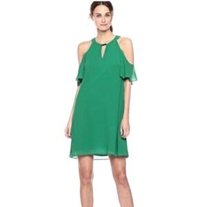 Vince Camuto Float Chiffon Green Cold-Shoulder Keyhole Mini‎ Dress Sz 8